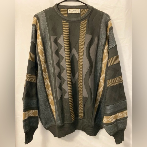 St. Croix Men's Patterned Crewneck Sweater - Olive and Gold